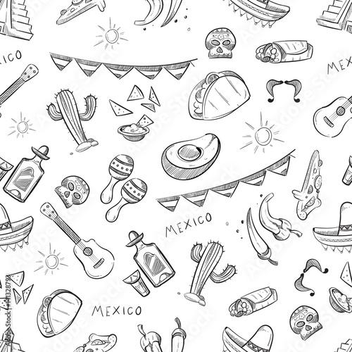 Traditional mexican food, mexico culture elements vector seamless pattern