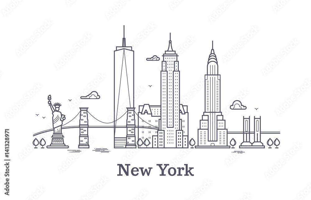 New York city outline skyline, nyc line silhouette, usa tourist and travel vector concept