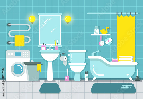 Bathroom home interior with shower  bath and washbasin vector illustration