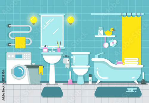 Bathroom home interior with shower, bath and washbasin vector illustration