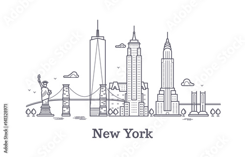 New York city outline skyline, nyc line silhouette, usa tourist and travel vector concept