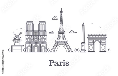 French architecture  paris panorama city skyline vector outline illustration