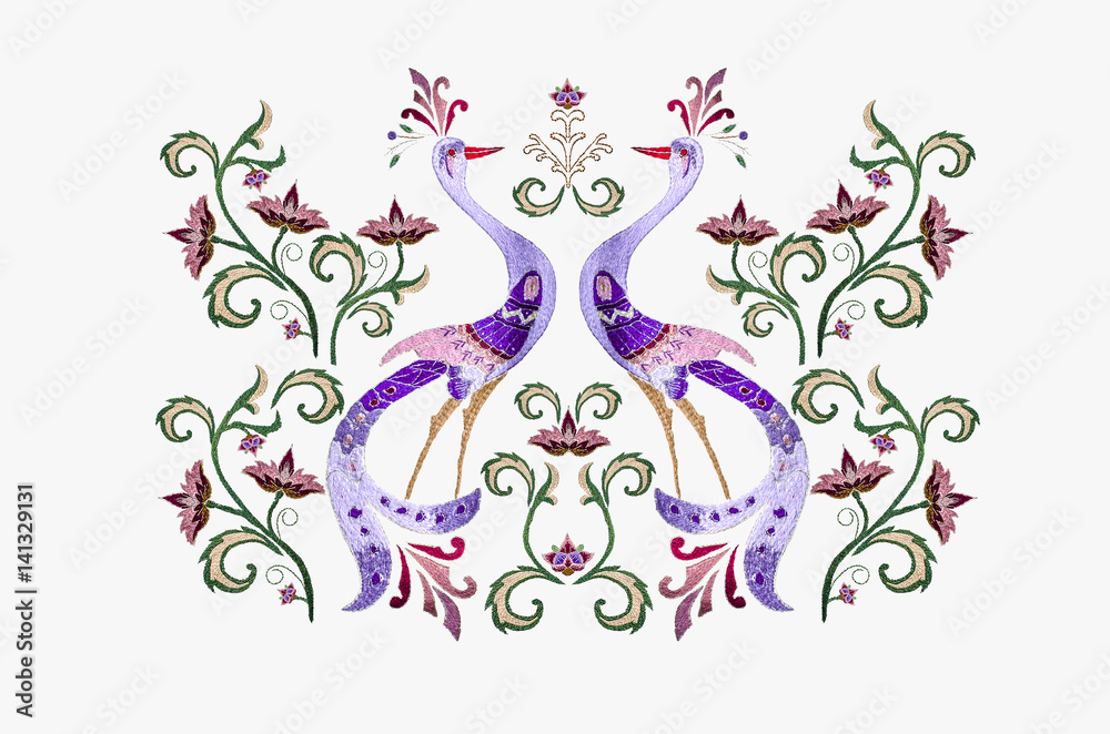 Embroidery stylized birds among  branch with purple red  flowers and twisted leaves on white background