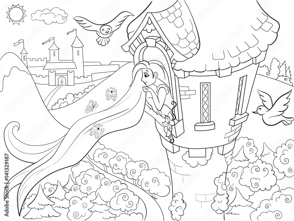 Princess Rapunzel in the stone tower coloring for children cartoon vector illustration