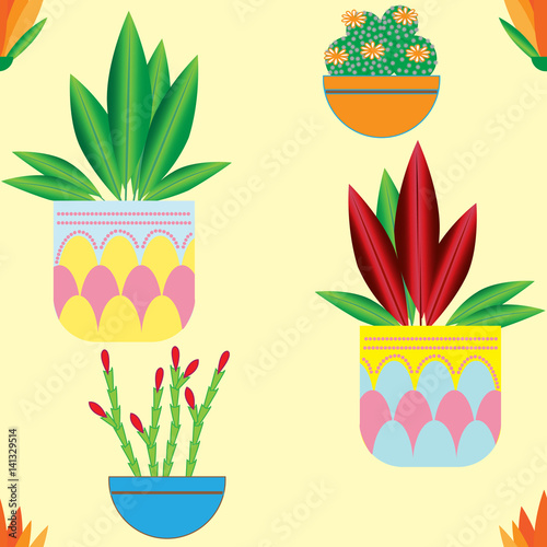 Illustration of potted plants from the class of succulents on a light background in flat style, Seamless pattern.