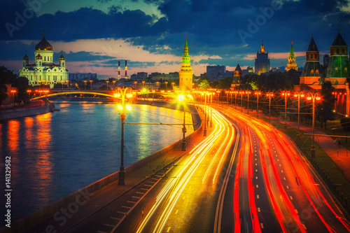 Traffic in night Moscow near Kremlin