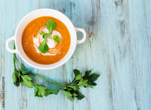 Vegetable soup with pumpkin and carrots, diet and vegetarian food. Banner for cafe