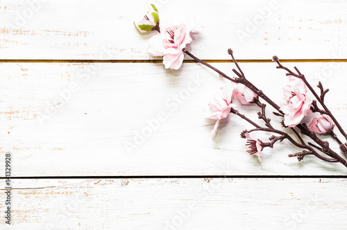 Apple blossom, spring background with blossoming branch on wooden boards