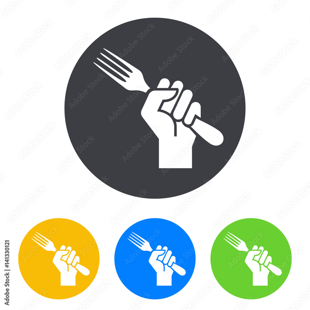 Icono plano mano con tenedor en circulo varios colores Icono plano mano con tenedor en circulo varios colores