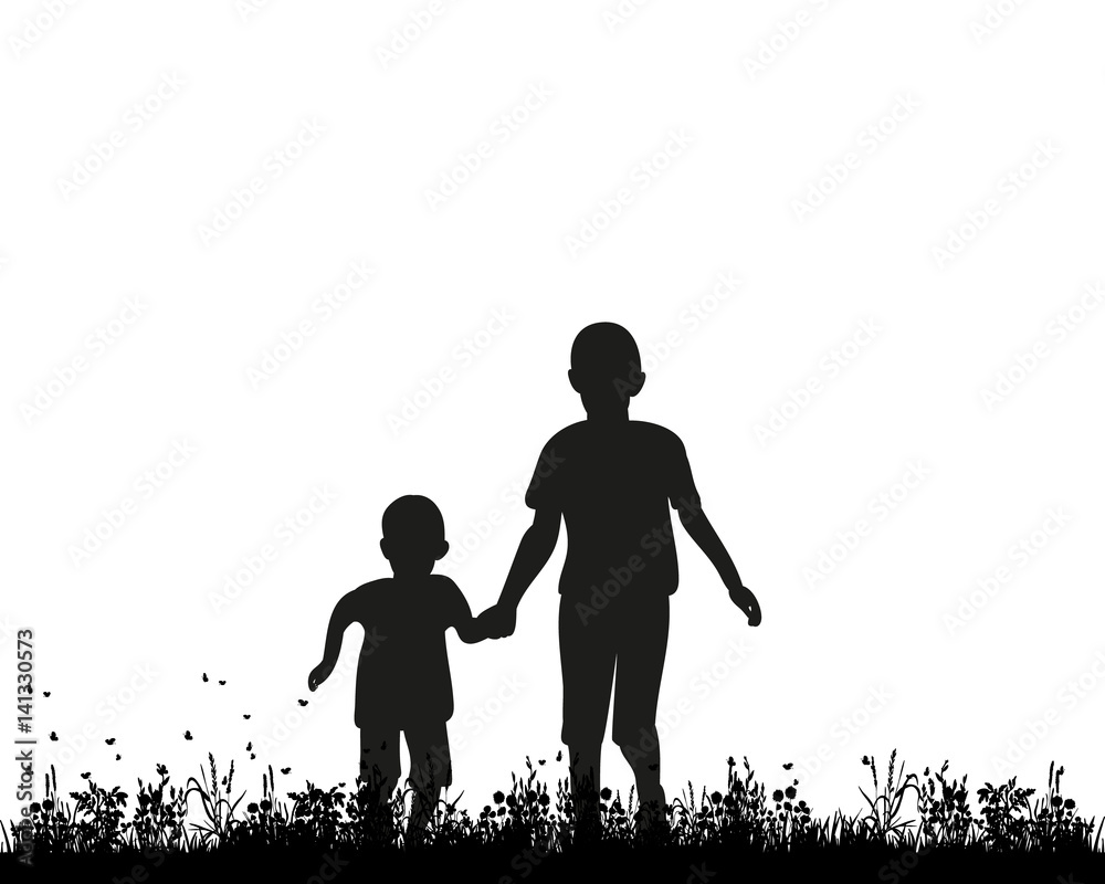 Vector silhouette of children holding hands and running Vector silhouette of children holding hands and running