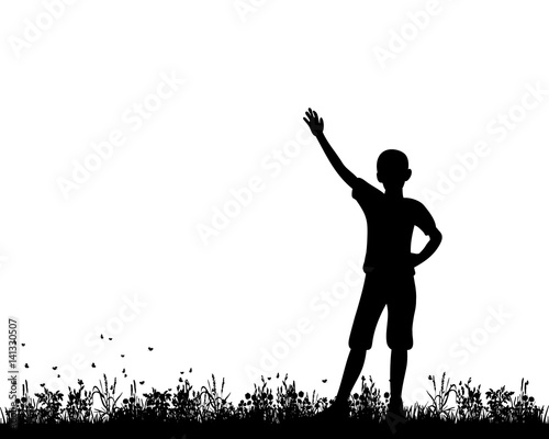 Vector, silhouette of a boy standing on the grass, hand up