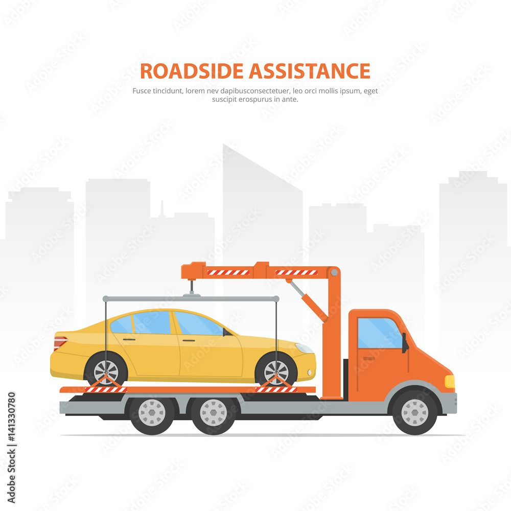 Cartoon banner roadside assistance. City skyline and tow truck with loaded car on the white background.