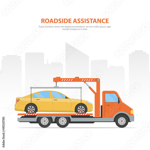 Cartoon banner roadside assistance. City skyline and tow truck with loaded car on the white background.