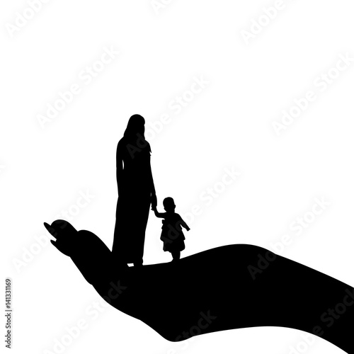 silhouette of mom and baby on palm,