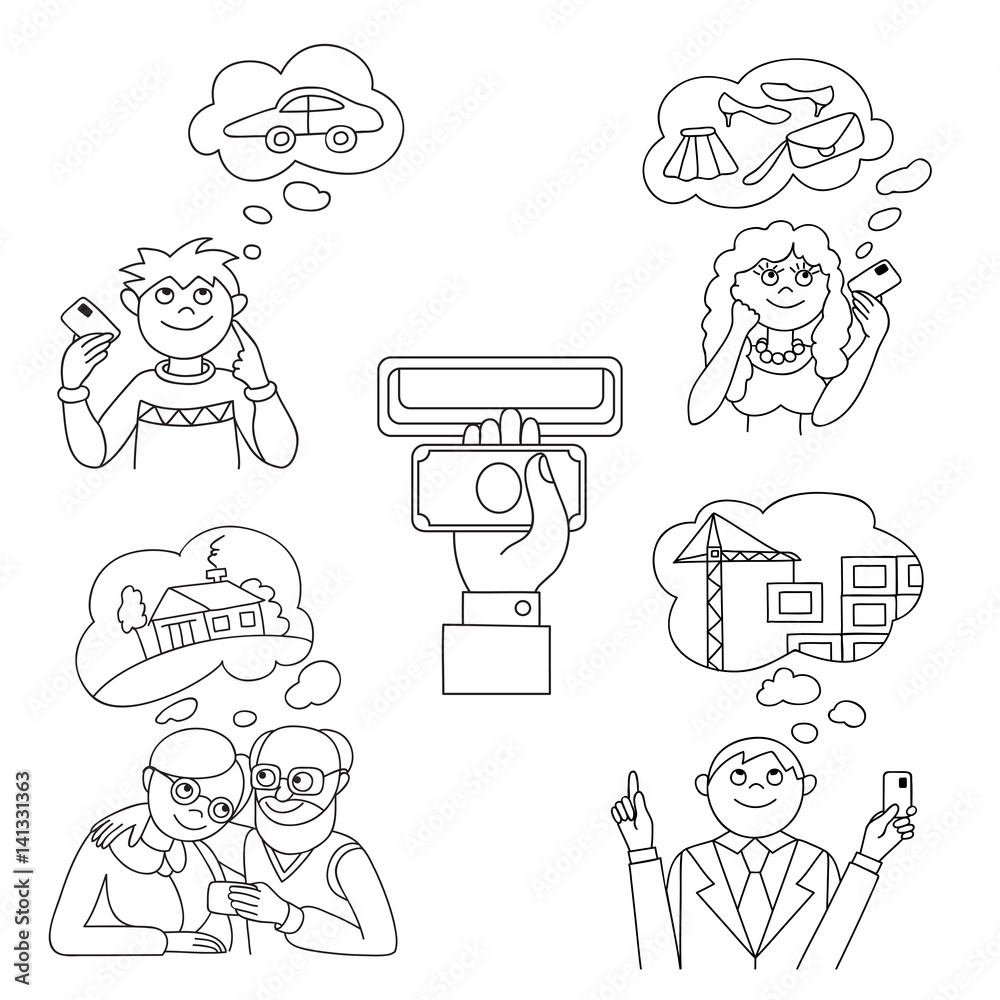 People with credit card dreaming about purchases. Banking set concept illustration. People with credit card dreaming about purchases. Banking set concept illustration.