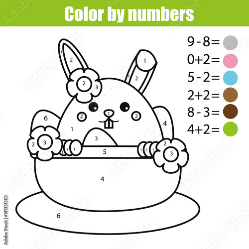Coloring page with Easter bunny character. Color by numbers math educational children game, drawing kids activity. rabbit in busket with eggs