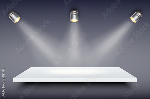 Light box with white presentation platform on dark backdrop with three spotlights. Editable Background Vector illustration.