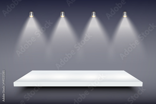 Light box with white presentation platform on dark backdrop with four spotlights. Editable Background Vector illustration.