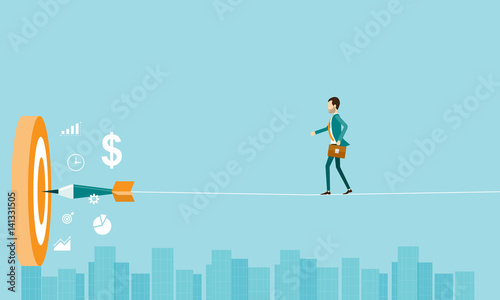 flat business risk and business goal concept with business man balancing on the rope above  the city
