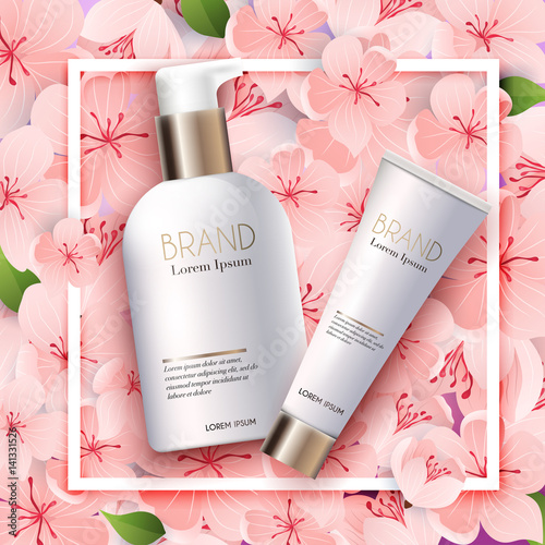 Mockup of realistic 3d cosmetics products for your design, on a background pink flowers. Vector illustration.