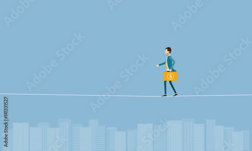 flat business risk concept with business man balancing on the rope above  the city
