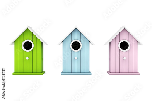Foto Set of Little Wooden Birdhouses. 3d Rendering