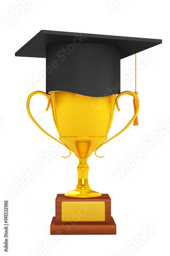 Education Concept. Graduation Hat over Golden Trophy. 3d Rendering