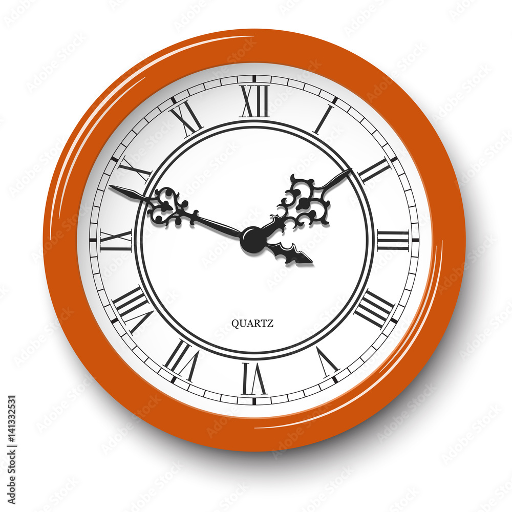 Vector elegant roman numeral wall clock in orange glossy body with soft ...