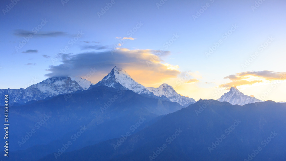 Annapurna mountain range and Machapuchare (Fish tail) sunrise view from Poonhill, Nepal