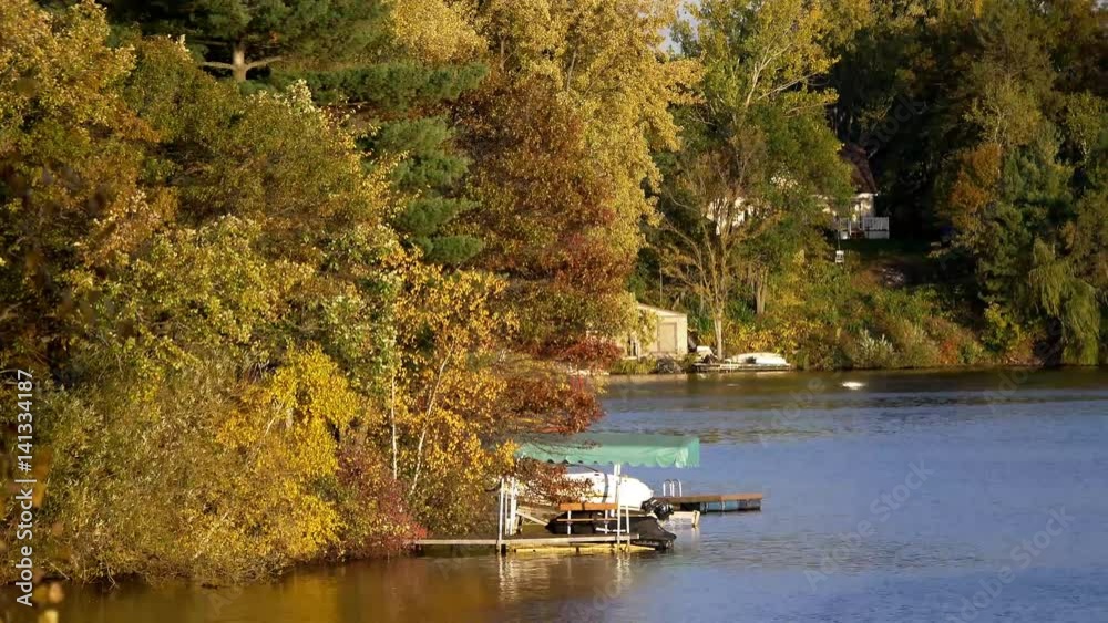 Fall colors revealed by the lake in this panning shot. Fall colors revealed by the lake in this panning shot.