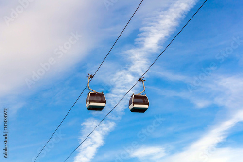 Cable cars on blue sky background in Lisbon, Portugal