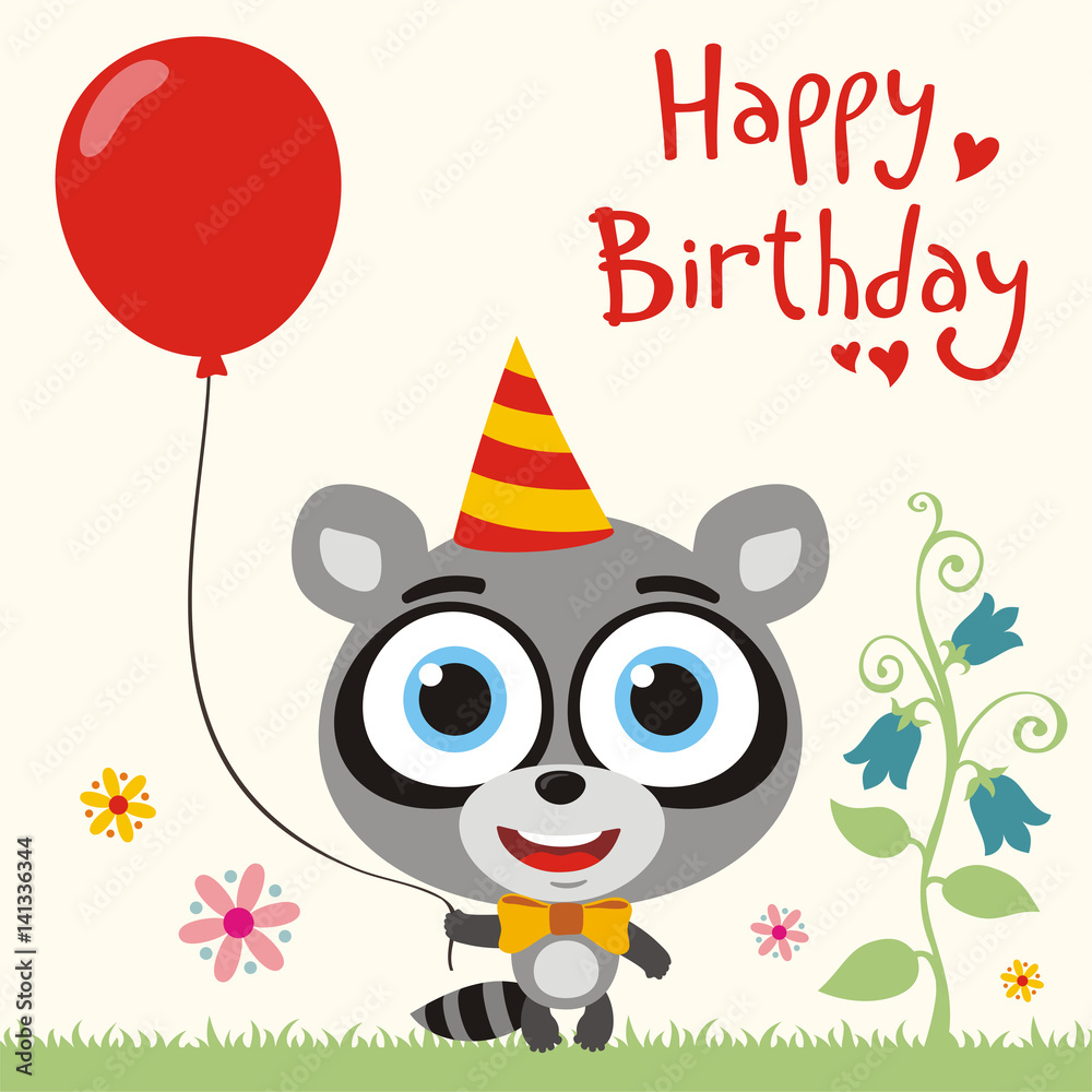 Happy birthday to you! Funny raccoon with red balloon. Birthday card with raccoon in cartoon style.