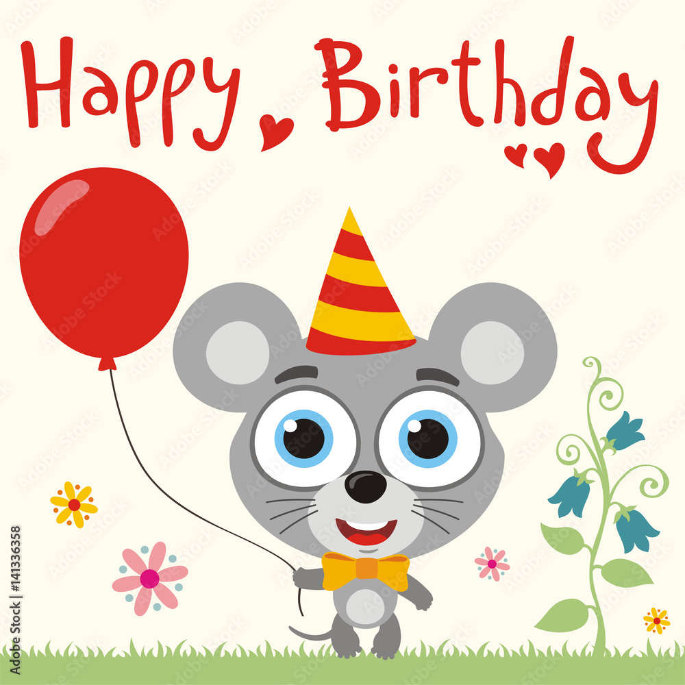 Happy birthday to you! Funny mouse with red balloon. Birthday card with mouse in cartoon style.