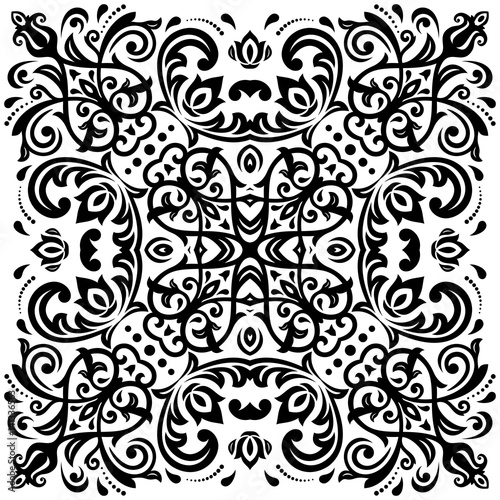 Oriental square black pattern with arabesques and floral elements. Traditional classic ornament