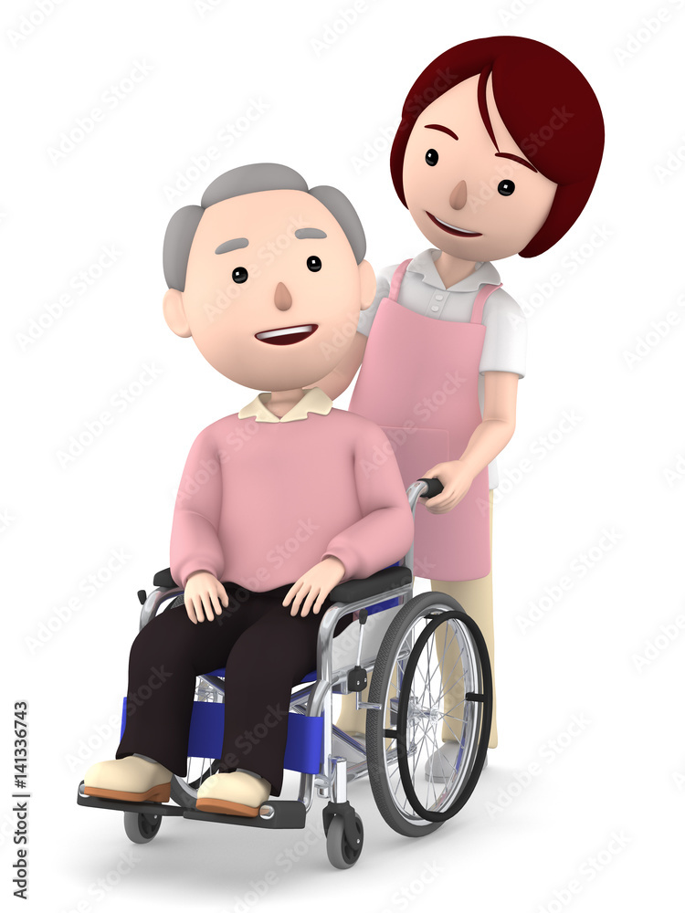 車イスに乗るおじいさんと介助する女性ヘルパー 車イスに乗るおじいさんと介助する女性ヘルパー