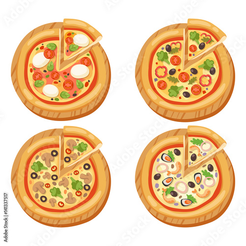 Pizza flat icons isolated vector illustration piece slice pizzeria food menu snack on white background pepperoni ingredient delivery italian set