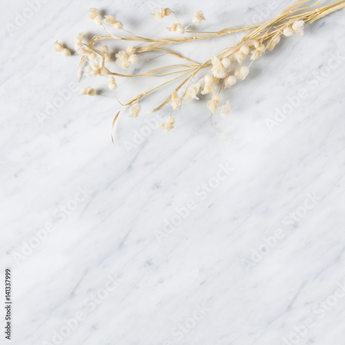 Decorative straw branches on Carrara marble worktop