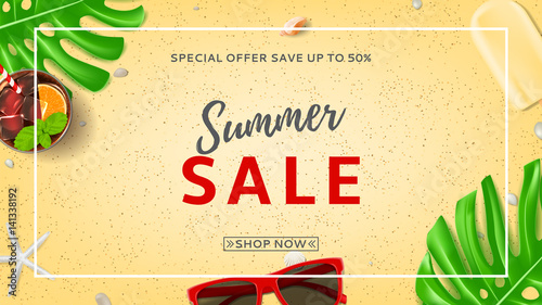 Summer sale banner with web button. Top view on sunglasses, seashells, fresh cocktail and ice cream on sea sand. Vector illustration with leaves of tropical plant.