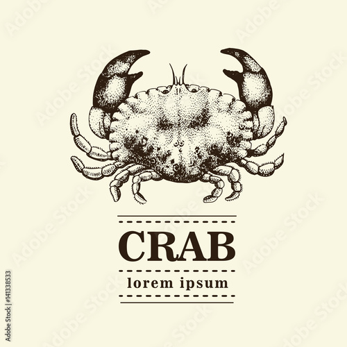 Vector seafood illustration with crab. Retro logo temtlate.