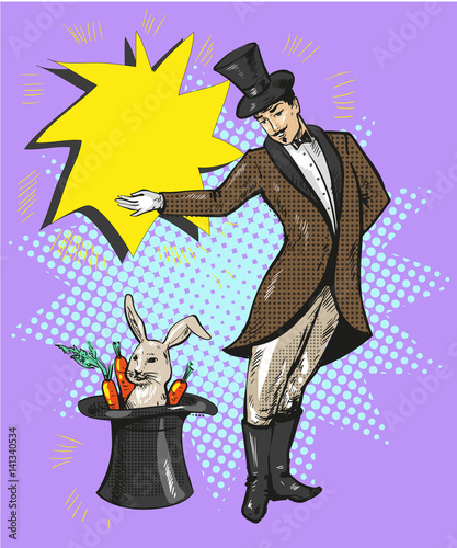 Vintage magician with rabbit in hat