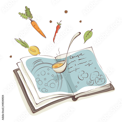 Magic Cookbook / Vector illustration, recipe for soup with vegetables photo