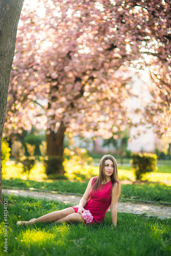 Beautiful girl posing to the photographer against the background of blooming pink trees. Spring. Sakura. Beautiful girl posing to the photographer against the background of blooming pink trees. Spring. Sakura.