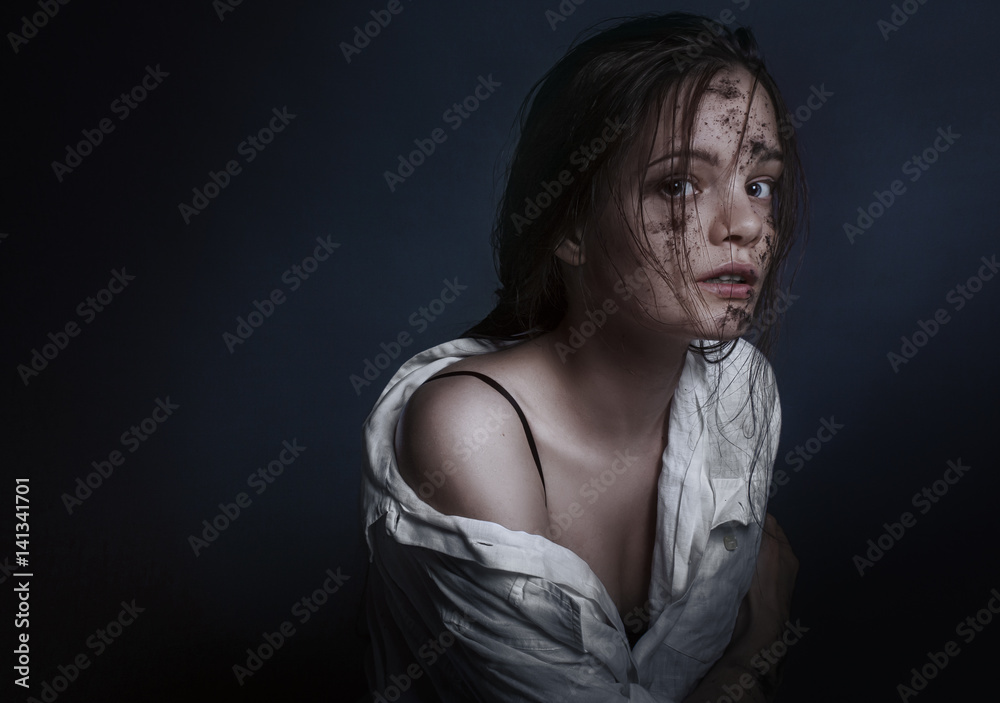emotional fashion portrait of a young attractive woman in studio