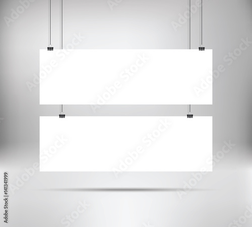 White poster mock up template hanging on binder. Two horizontal narrow paper banners. Vector illustration. Layout mockup. Grey wall with empty posters mockup. 