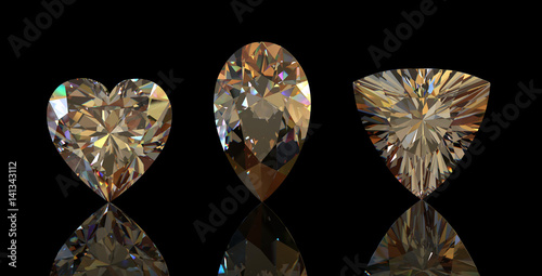 Diamonds set twelve shape on Black Background.Fashion luxury accessories. Jewelry background. 3D illustration