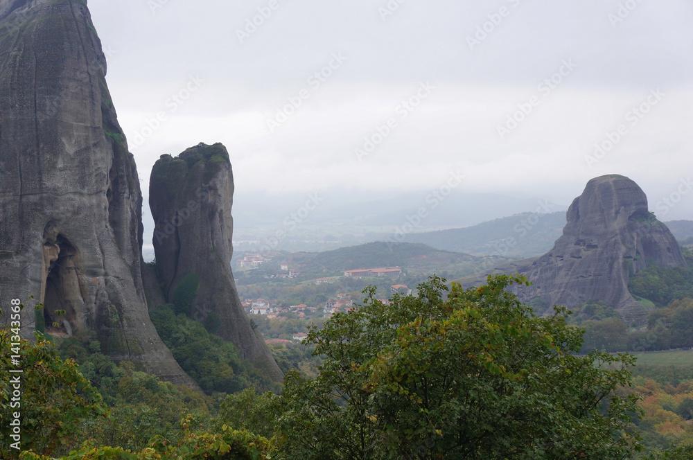 Mountains of greece, fog and monastery