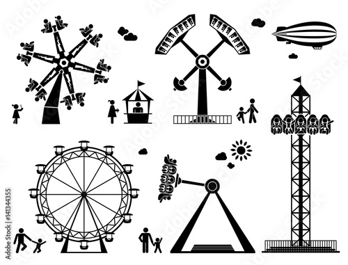 Amusement park pictogram set. Fun and entertainment outdoors. Roller coaster and adrenaline rides.