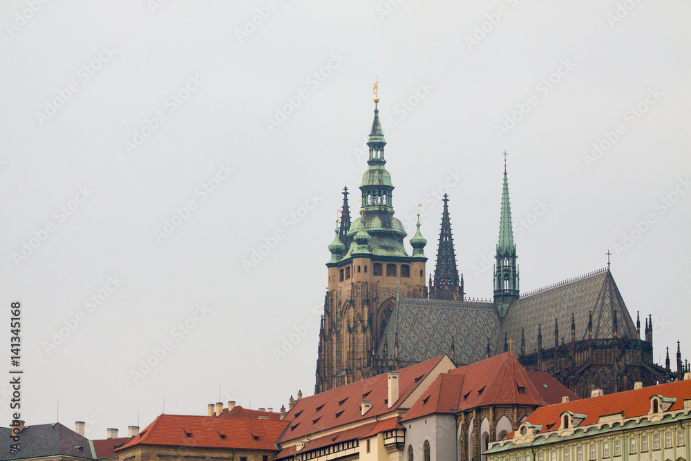 View of Hradcany roofs with St. Vitus Cathedral and Castle of Prague, Czechia.