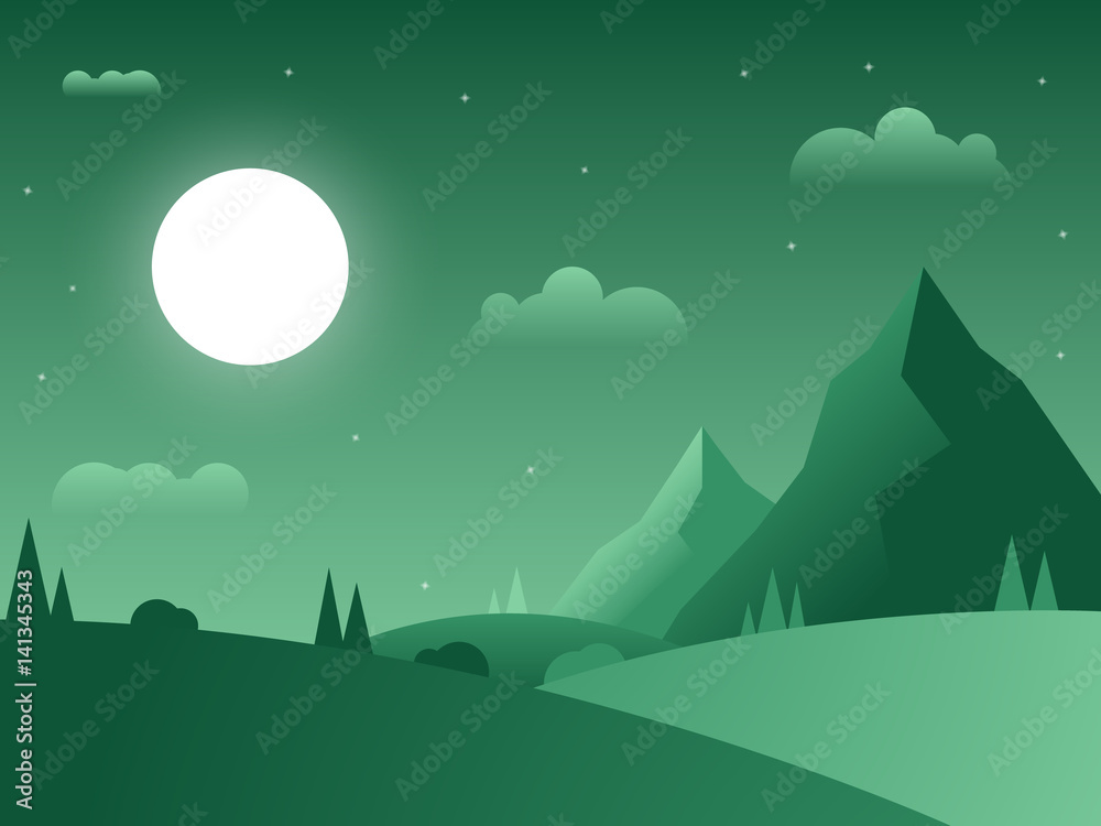 Night flat green gradient landscape wallpaper image with mountains, grass, hills and moon. Monochrome flat background. Illustration of nature and traveling.