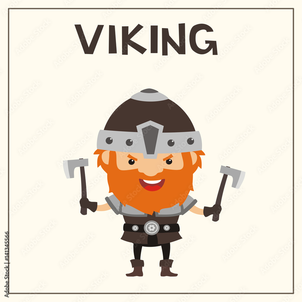 Funny Viking with two battle axes in cartoon style. Isolated Viking with red beard in helmet.
